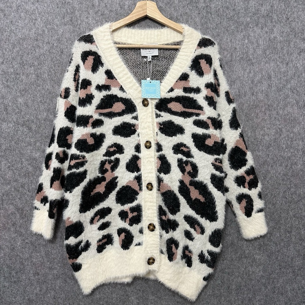 NEW Hayden Leopard Print‎ Fuzzy Cardigan Women's S Button Front Sweater Cozy